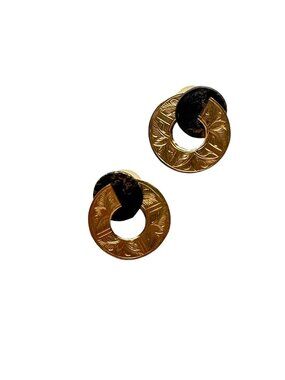 Vintage Brass & Black Geometric Circle Earrings With Textured Finish